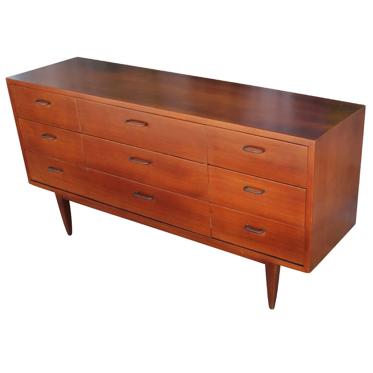 Sleek Nine-Drawer Mid-Century Modern Teak Dresser