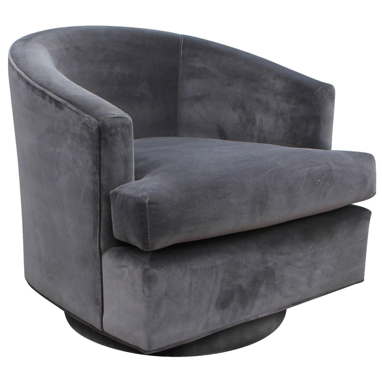 Fabulous Pair of Fully Upholstered Barrel Back Grey Swivel Chairs at