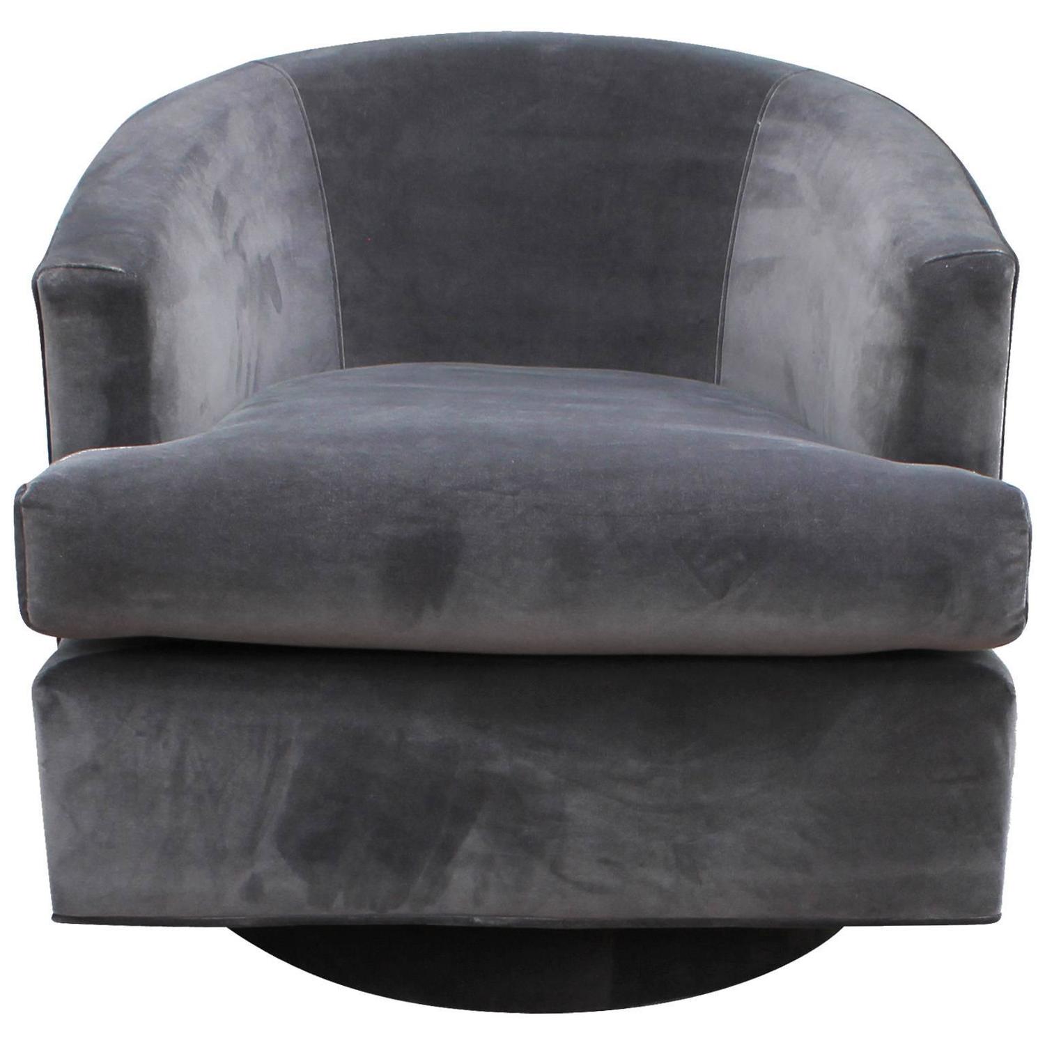 Fabulous Pair of Fully Upholstered Barrel Back Grey Swivel Chairs at