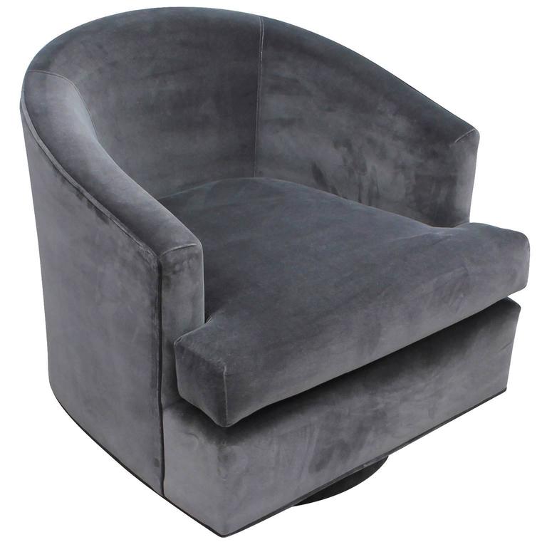 Fabulous Pair of Fully Upholstered Barrel Back Grey Swivel Chairs at