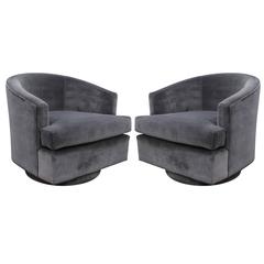 Fabulous Pair of Fully Upholstered Barrel Back Grey Swivel Chairs