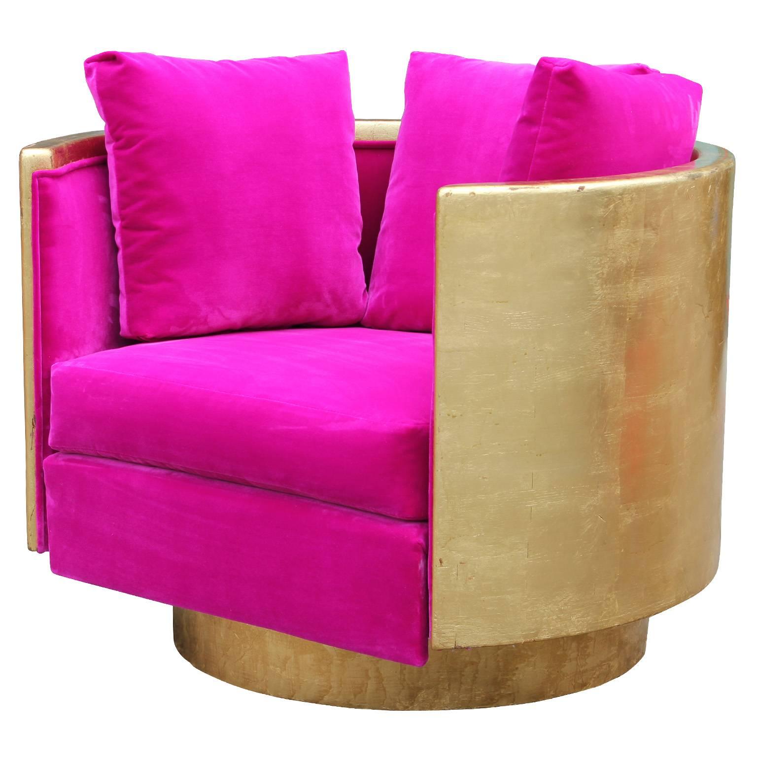 Ultra Glam Modern Gold Leaf and Hot Pink Velvet Swivel Lounge Chair