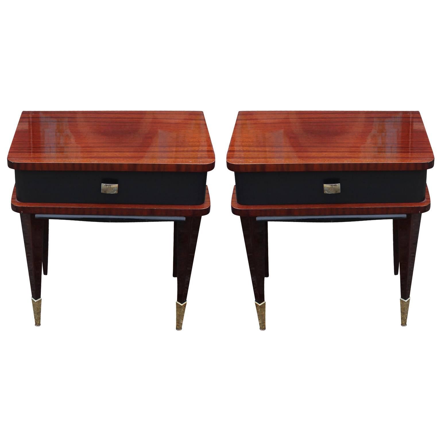 Pair of Modern Two Toned French Nightstands with Brass Accents