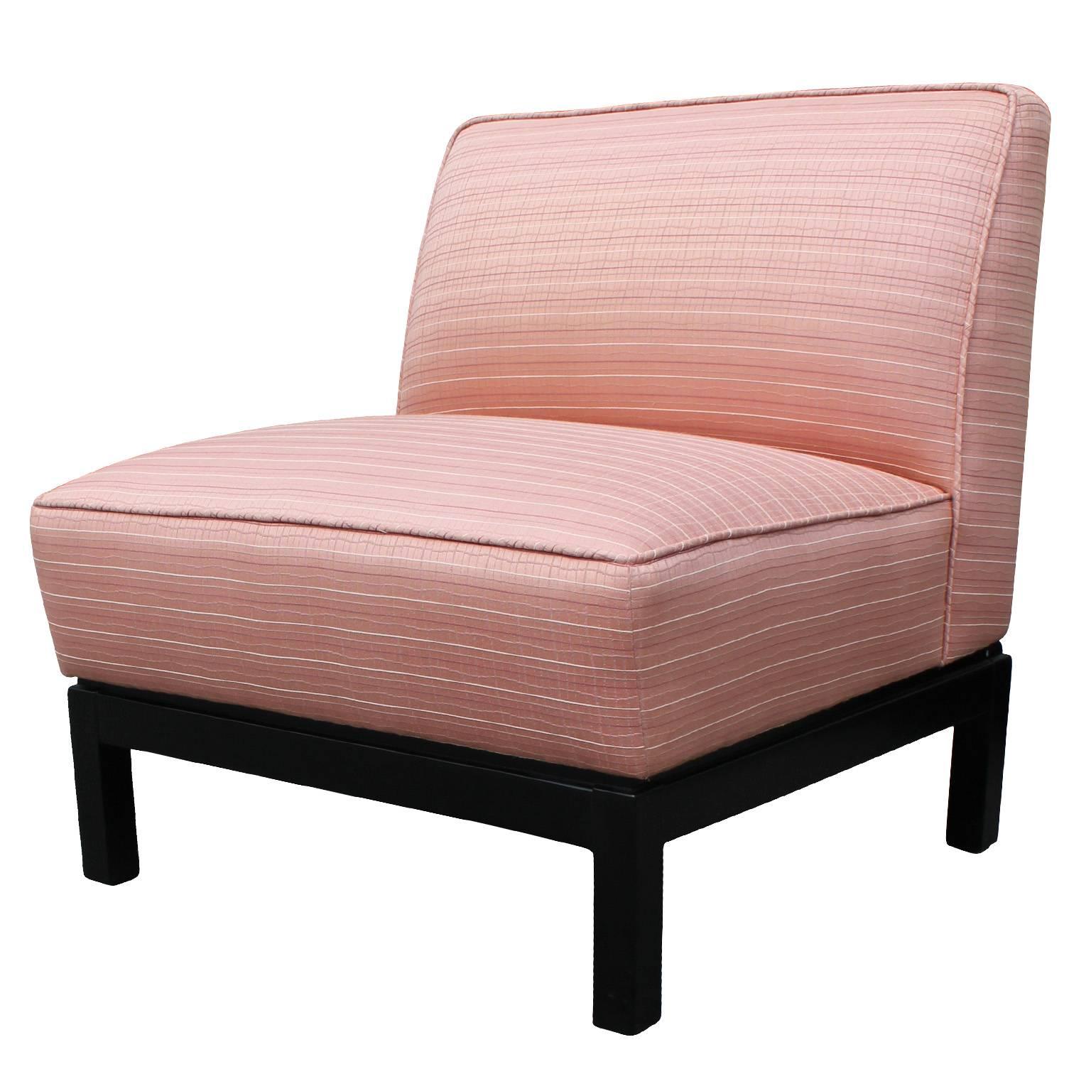 Mid-Century Modern Pair of Clean Lined Modern Slipper Chairs in Light Pink with Deep Walnut Bases