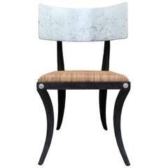 Modern Silver Leaf Steel Klismos Chair with Woven Cane Seat and Black Frame