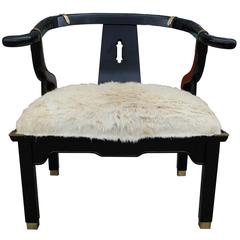 Striking Black Lacquer Brass and Fur Barrel Back Lounge Chair