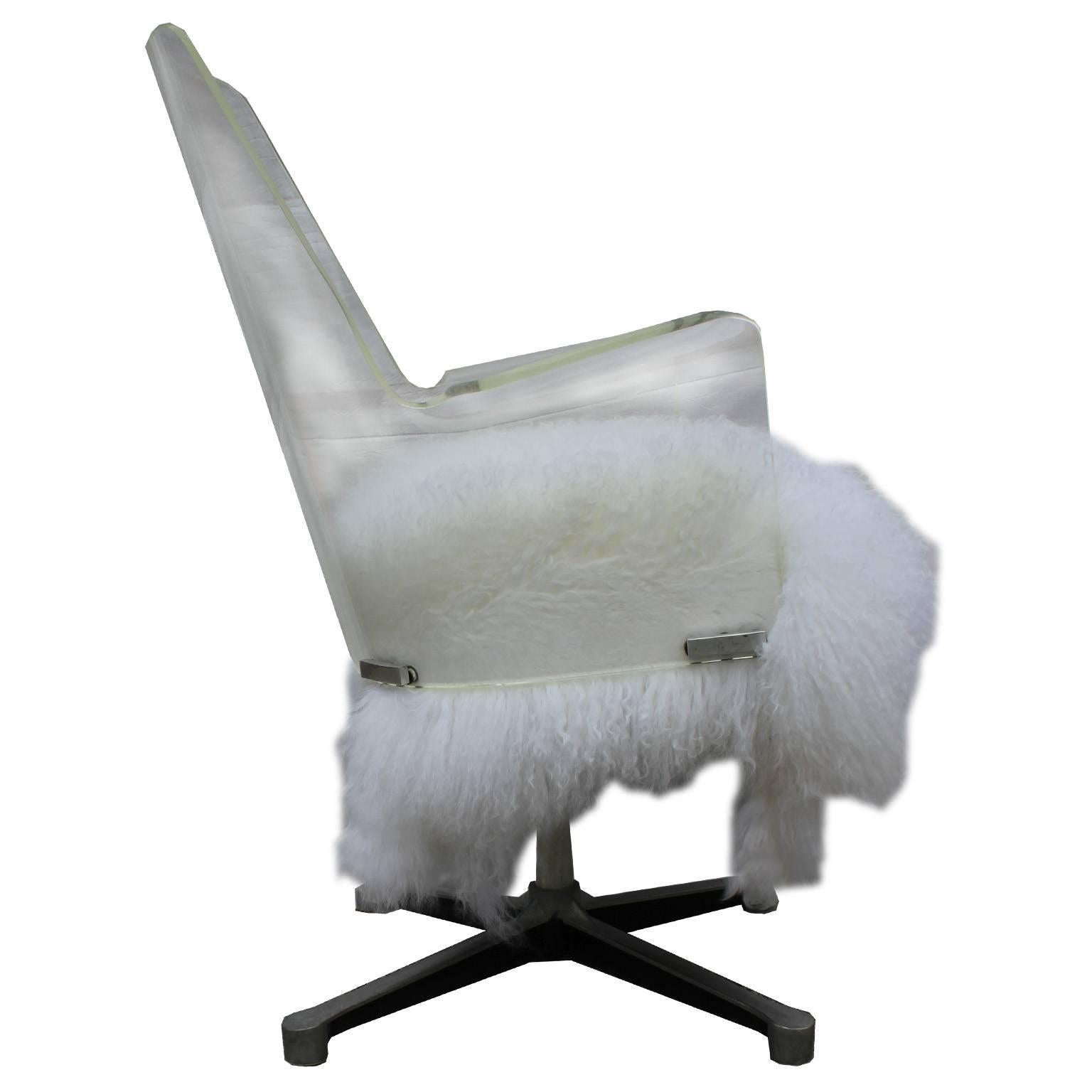 Mid-Century Modern Luxe Lucite and Mongolian Sheepskin Swivel Lounge Chair