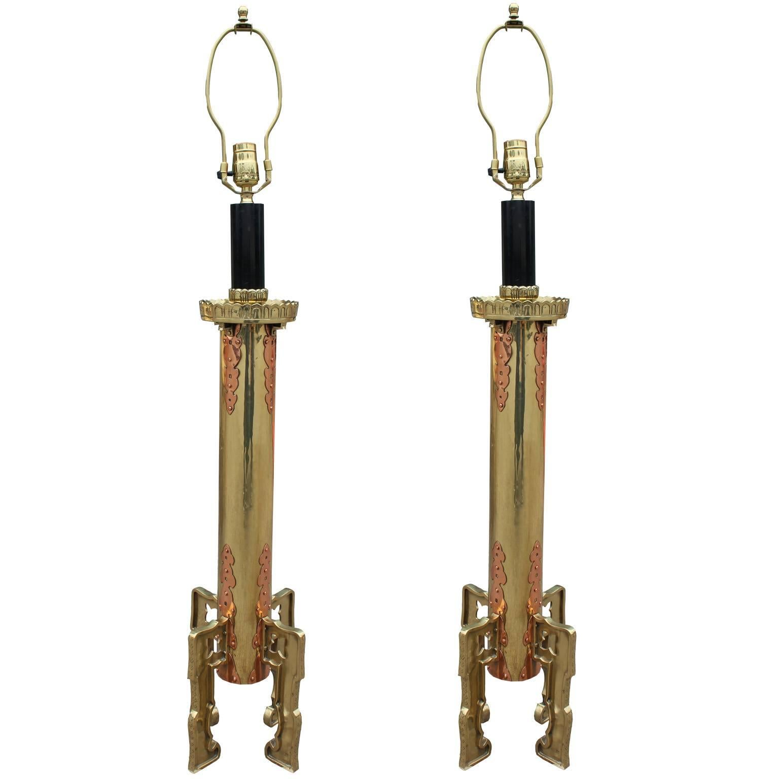 Fabulous Pair of Modern Large Brass and Copper Table Lamps