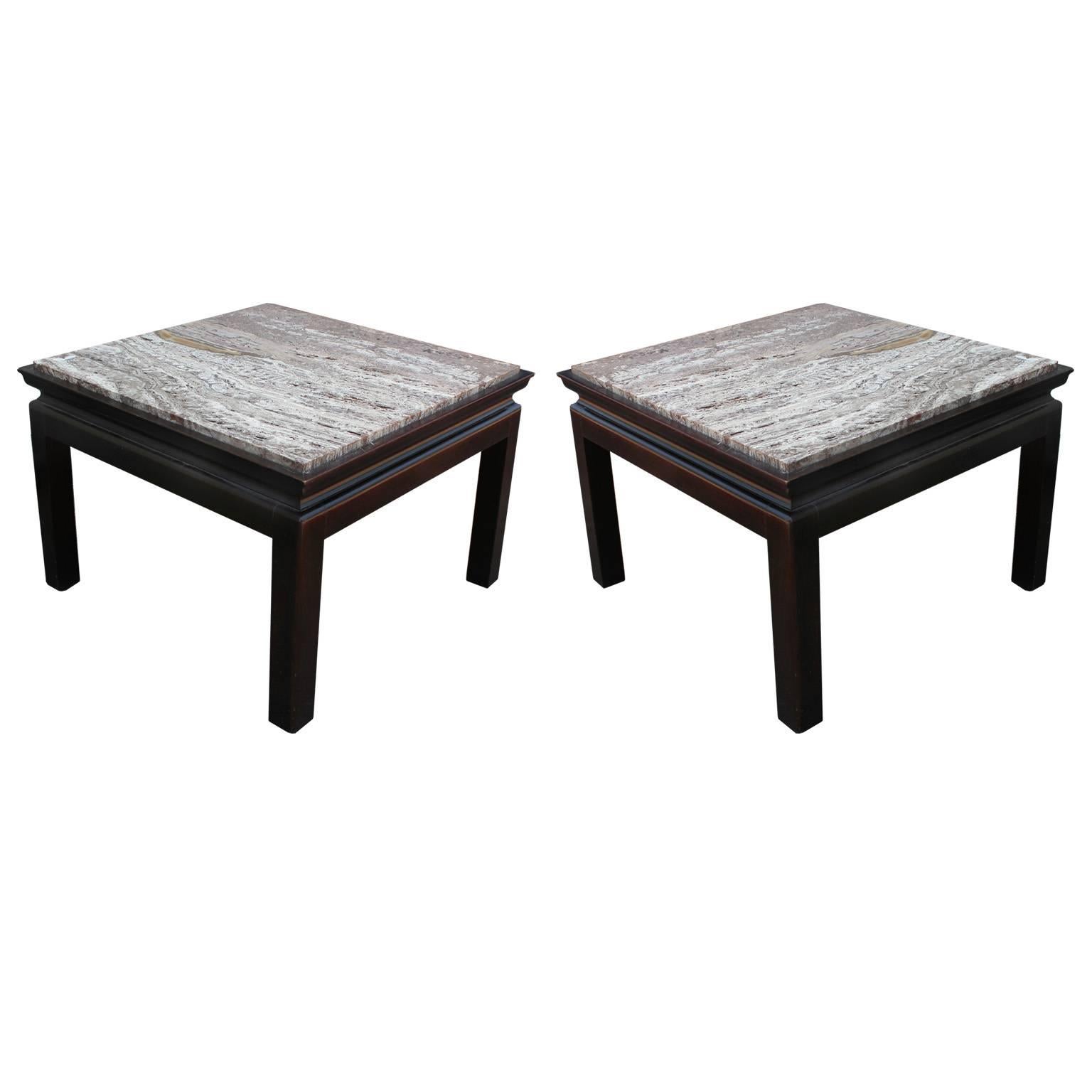 Elegant Pair of Modern Square Marble Top Widdicomb Side Tables with Walnut Bases