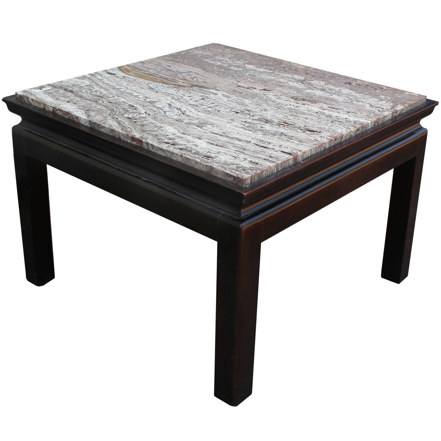 Elegant pair of Widdicomb side or end tables. Tables are topped in a beautifully grained marble. Bases are finished in a dark walnut. Tables have excellent clean lines with the perfect detailing. Would be perfect in a transitional, Mid-Century or