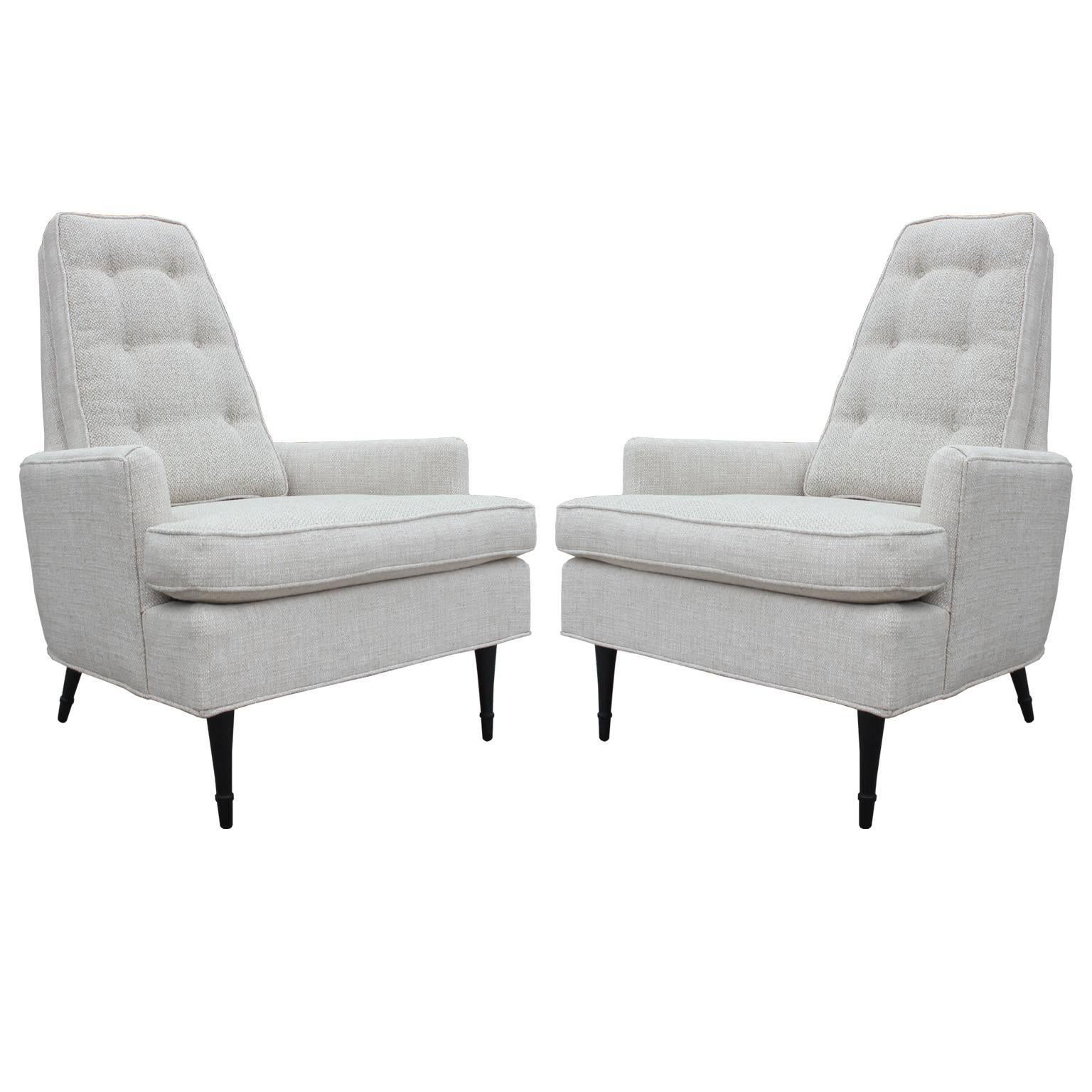 Pair of White High Barrel Back Modern Lounge Chairs with Ebony Finished Legs