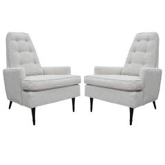 Pair of White High Barrel Back Modern Lounge Chairs with Ebony Finished Legs