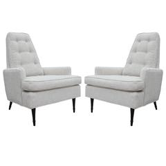 Pair of White High Barrel Back Modern Lounge Chairs with Ebony Finished Legs
