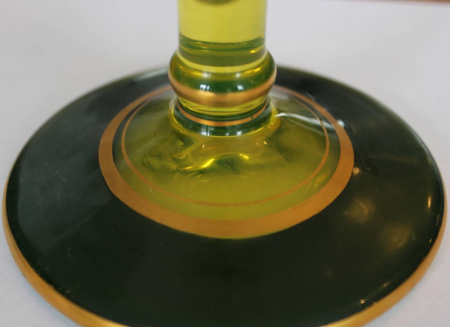 Pair of Modern Vaseline Yellow Green Glass Candlesticks In Excellent Condition In Houston, TX