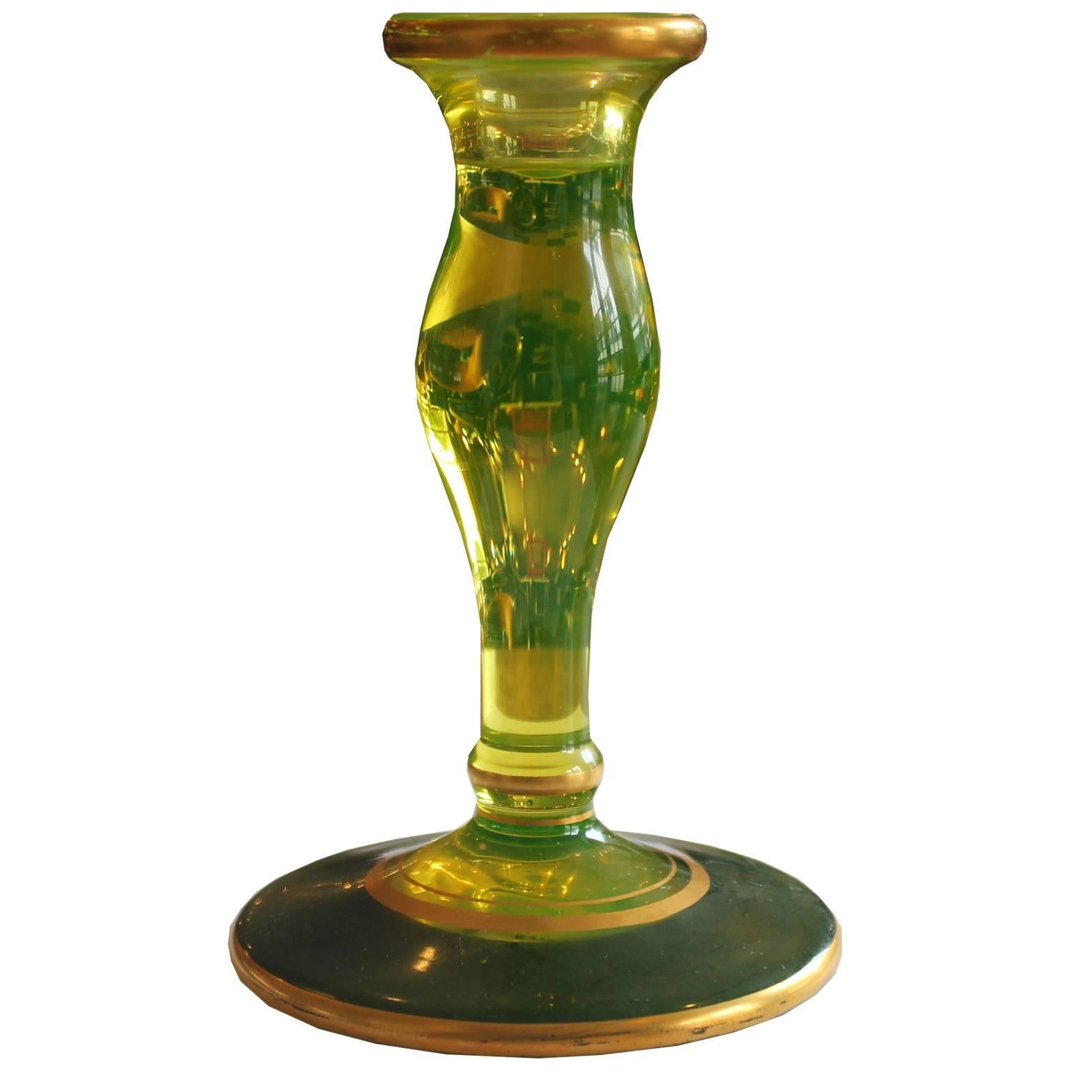 Hollywood Regency Pair of Modern Vaseline Yellow Green Glass Candlesticks