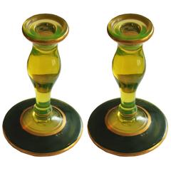 Vintage Pair of Modern Vaseline Yellow Green Glass Candlesticks