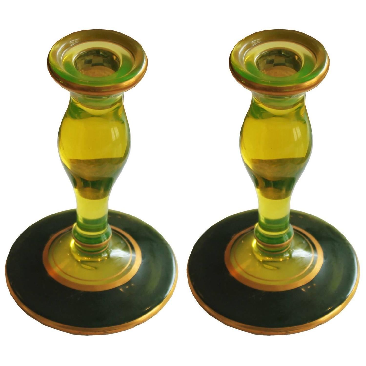 Charming Pair of Vaseline Glass Candlesticks For Sale at 1stdibs