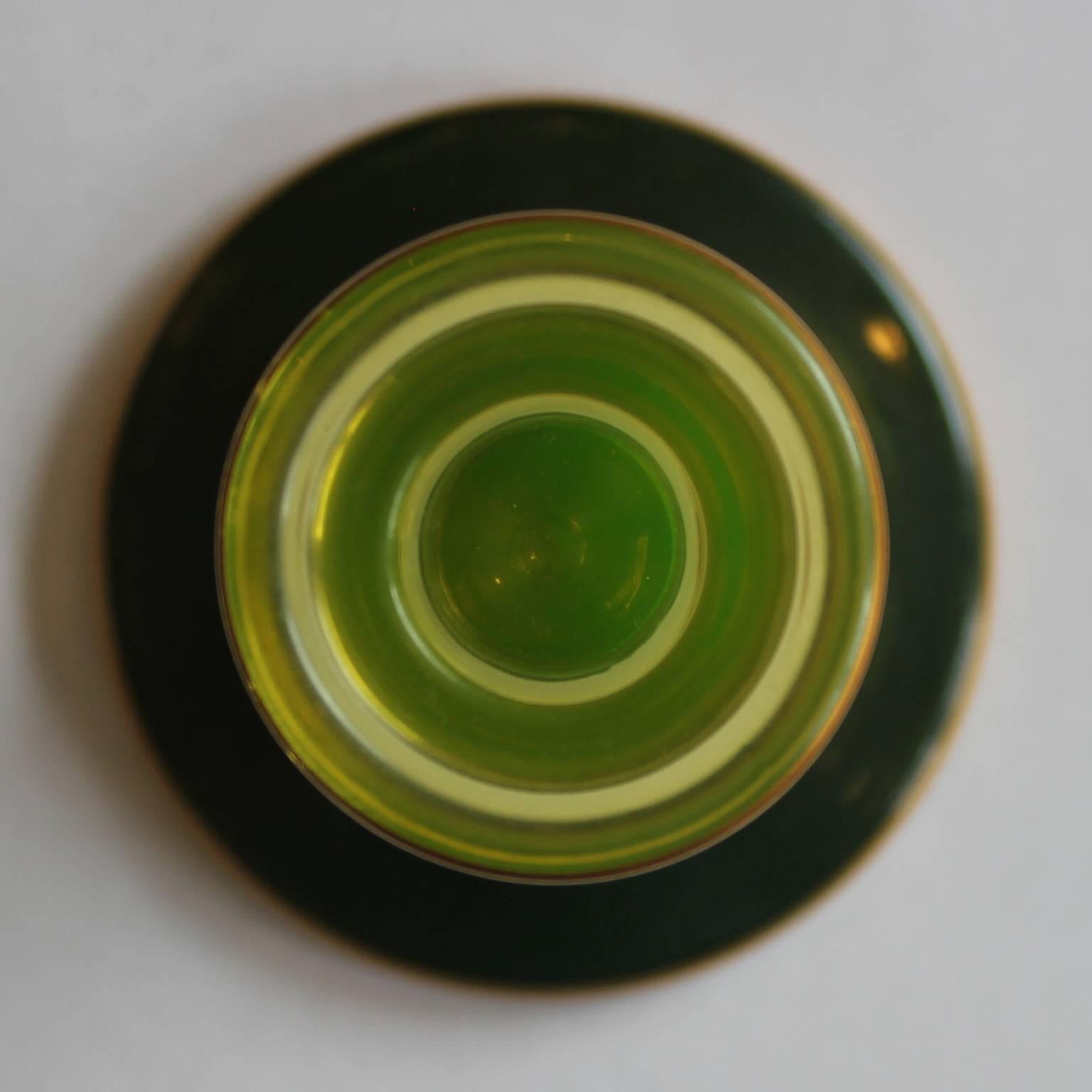 European Pair of Modern Vaseline Yellow Green Glass Candlesticks