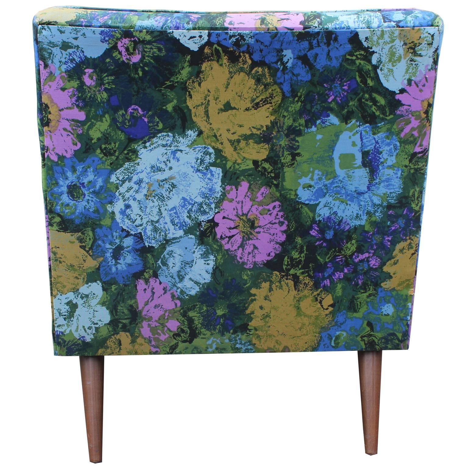 Mid-Century Modern Blue Green and Pink Floral Mid Century Modern Lounge Chair with Walnut Legs