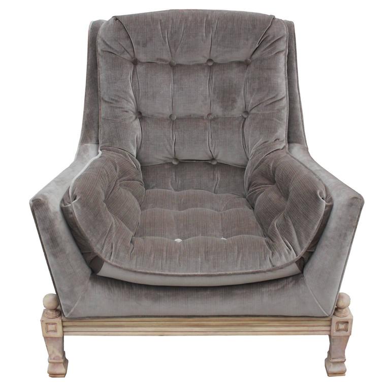 Modern Bleached Tufted Grey Velvet Lounge Chair with Ottoman at 1stdibs