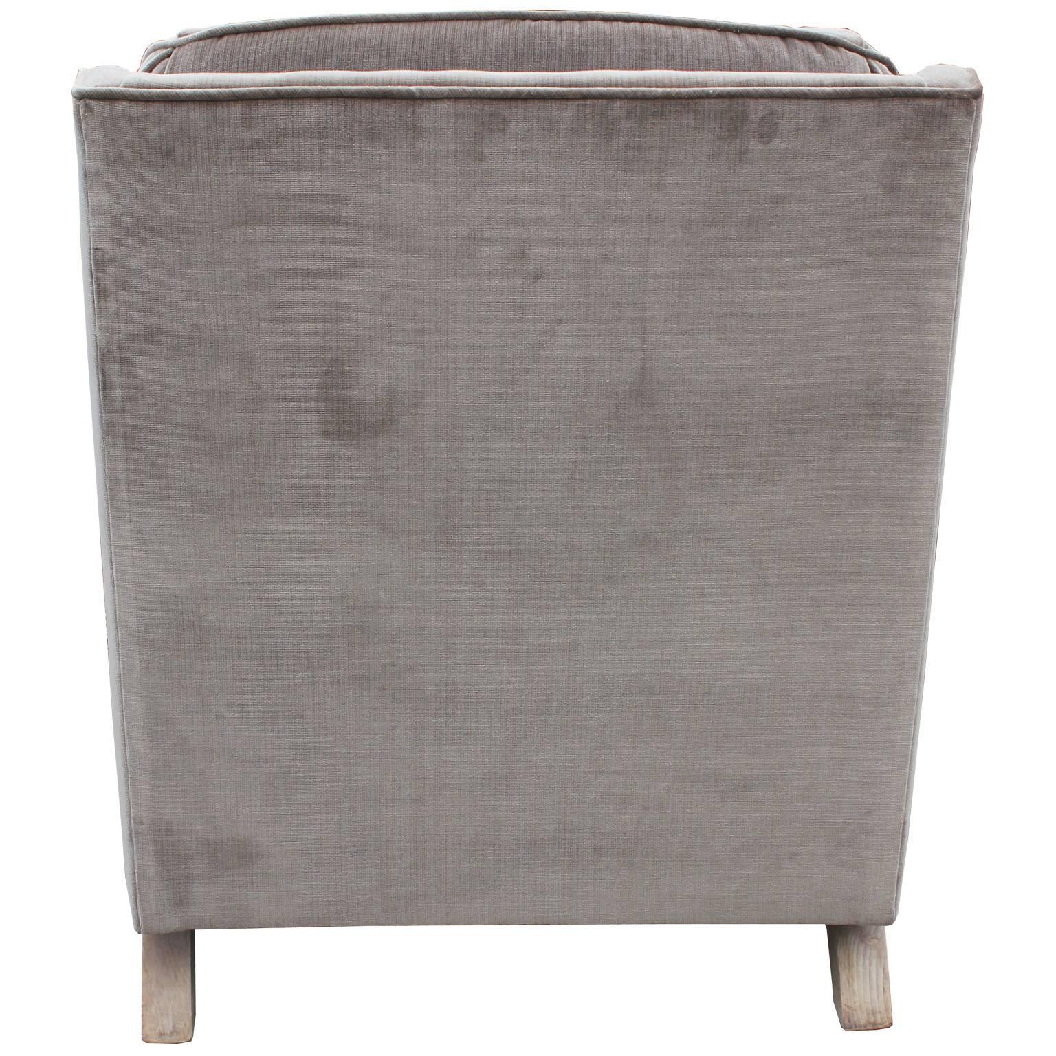 Hollywood Regency  Modern Bleached Tufted Grey Velvet Lounge Chair with Ottoman