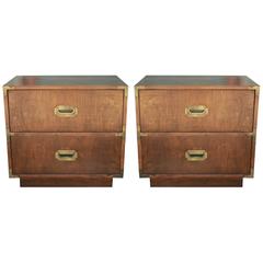 Lovely Pair of Walnut Campaign Style Nightstands or End Tables