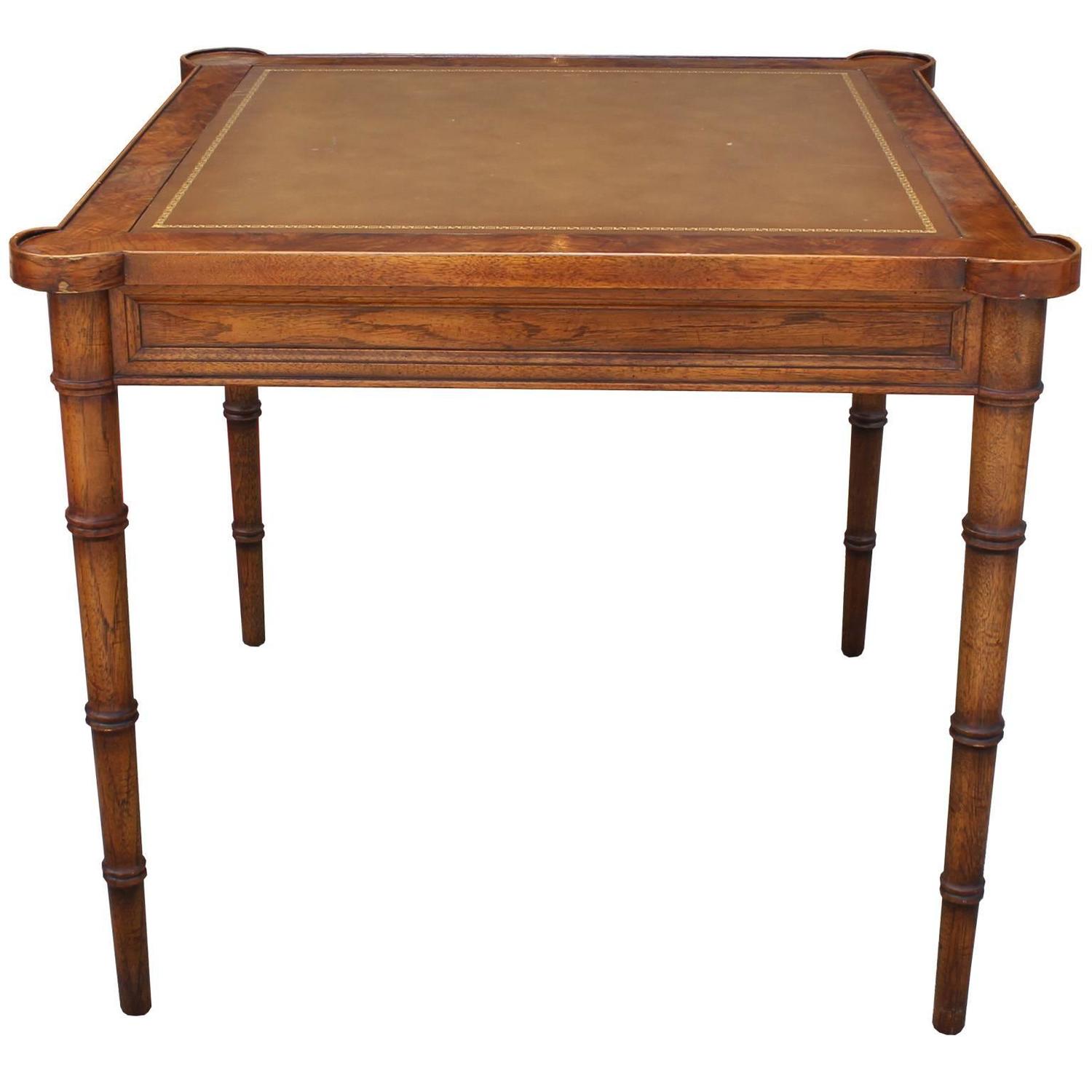 Faux Bamboo and Leather Burl Square Card Table by Drexel at 1stdibs