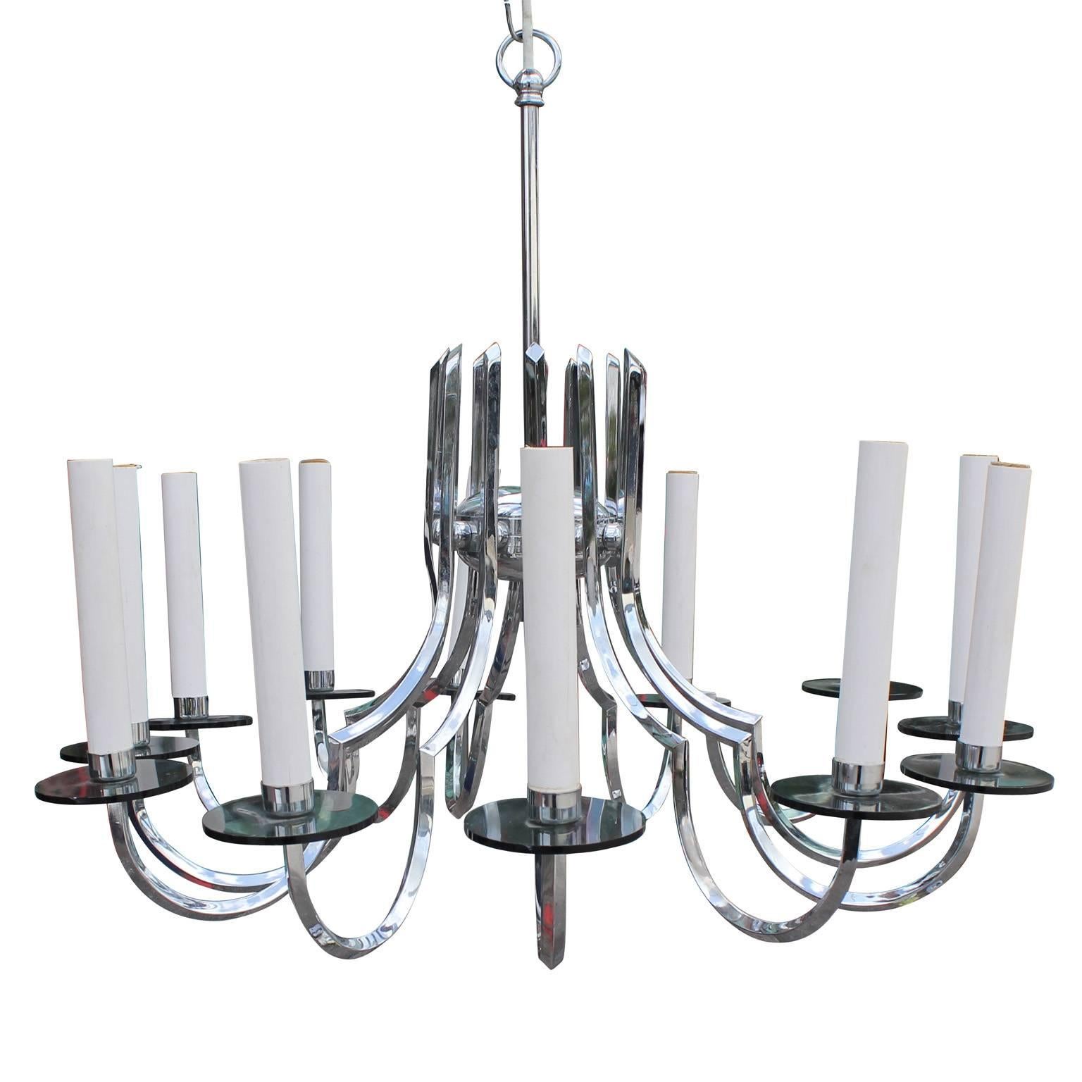 Modern Twelve Armed Chrome and Lucite Chandelier with Smoked Glass Detailing