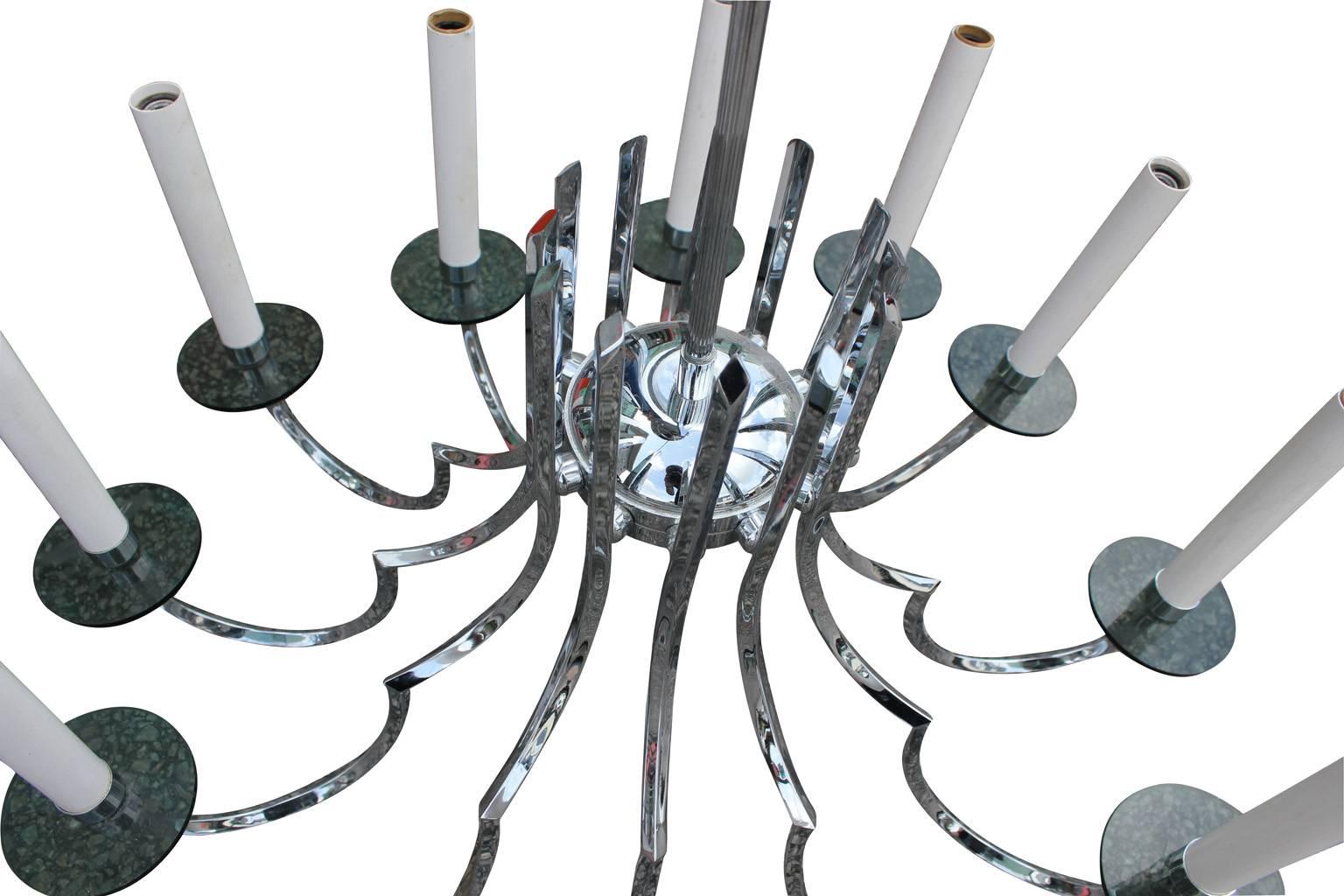 European Modern Twelve Armed Chrome and Lucite Chandelier with Smoked Glass Detailing