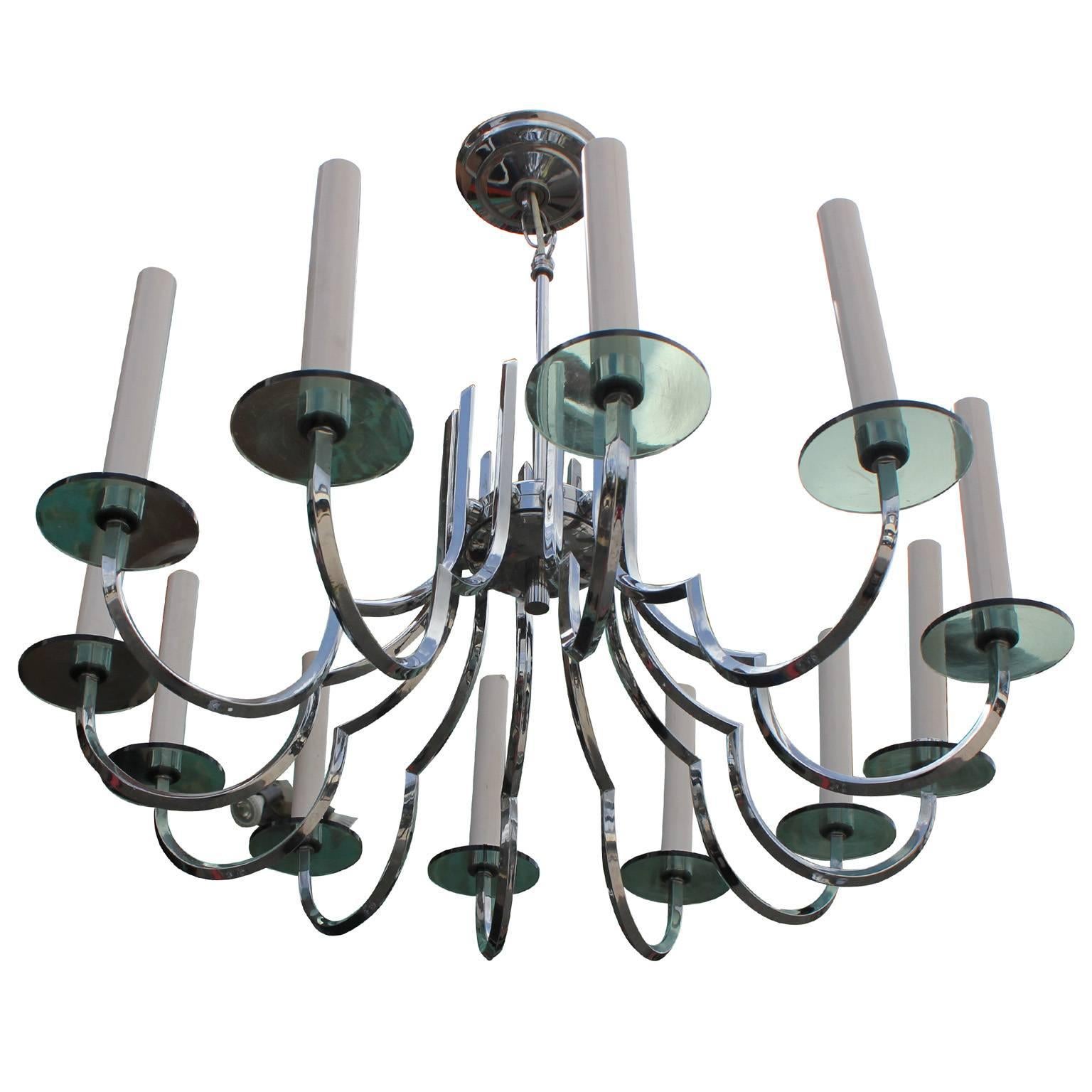 Fabulous chrome chandelier with smoked glass details. Chandelier has Classic lines made interesting with bold materials. Perfect in a Hollywood Regency, Midcentury or Modern Space.