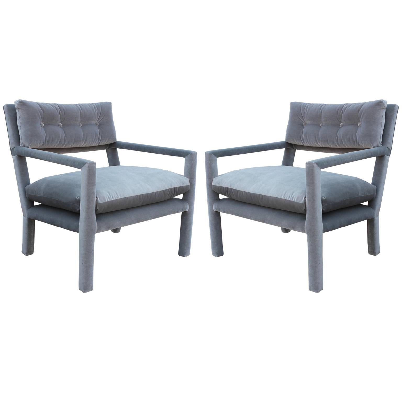 Fabulous Pair of Modern Milo Baughman Style Parsons Grey Velvet Lounge Chairs