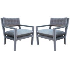 Fabulous Pair of Modern Milo Baughman Style Parsons Grey Velvet Lounge Chairs