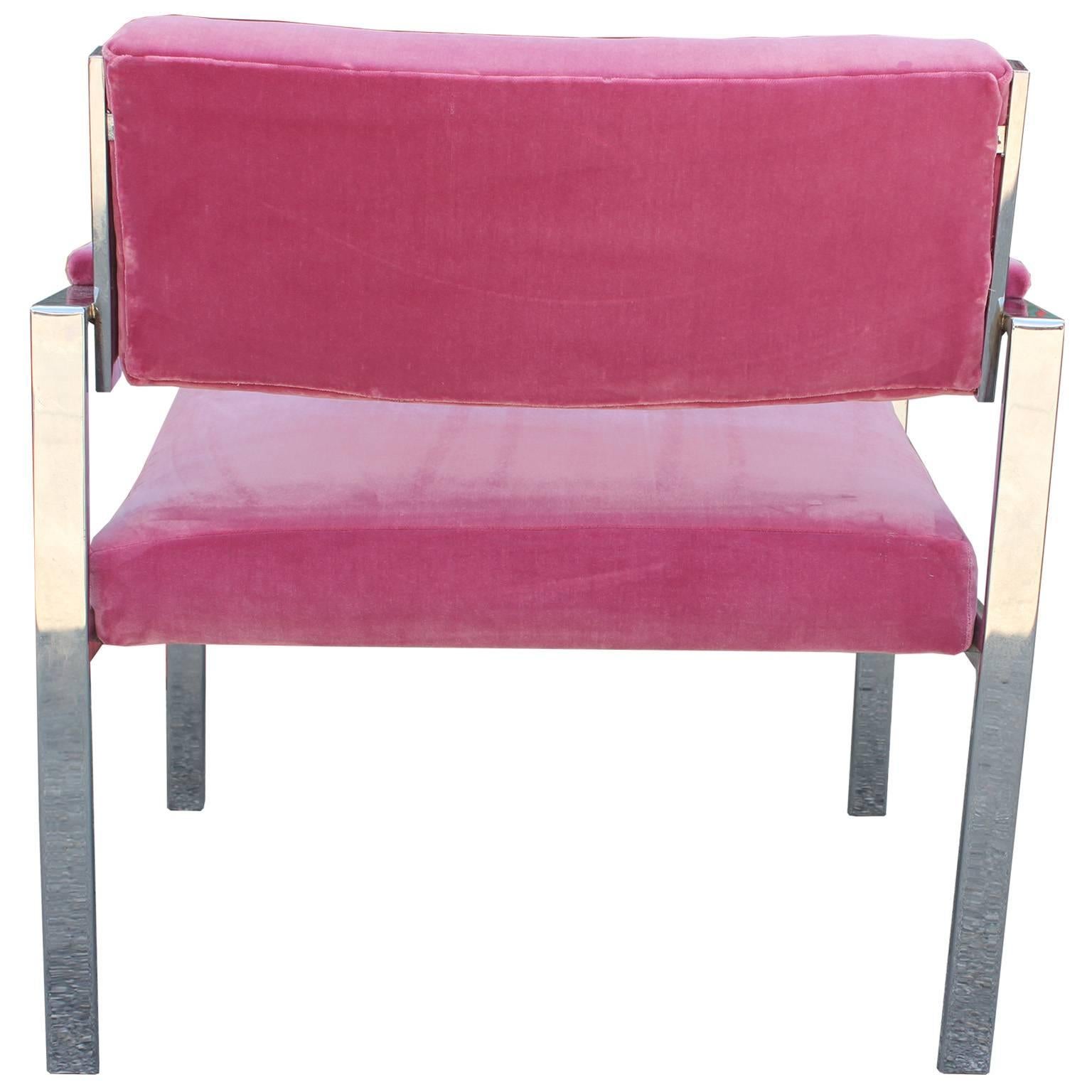 American Pair of Modern Milo Baughman Pink Velvet Chrome Lounge Chairs