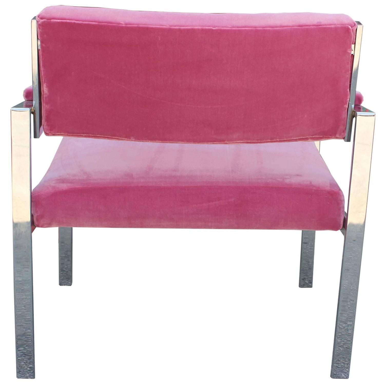 Glamorous Pair of Milo Baughman Style Pink Velvet Chrome Lounge Chairs