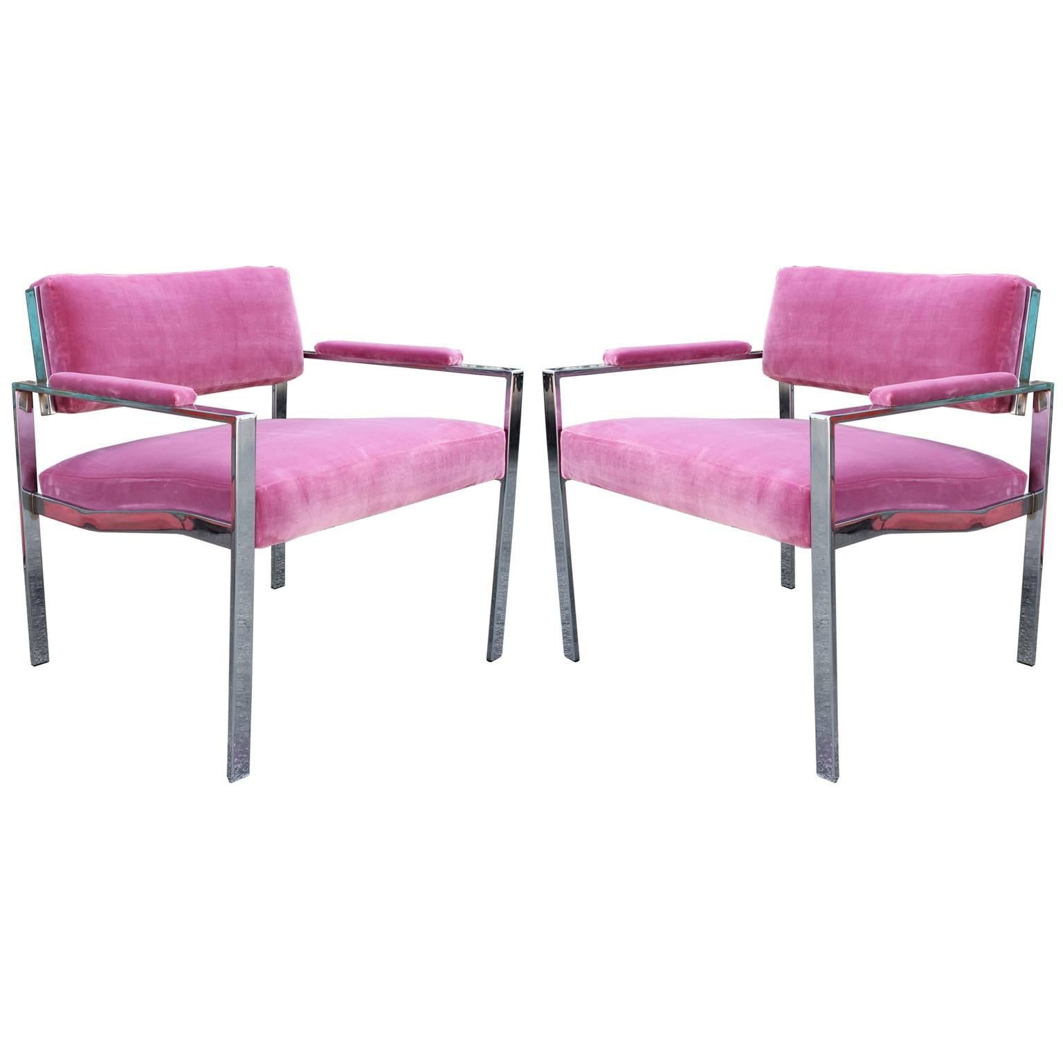 Pair of Modern Milo Baughman Pink Velvet Chrome Lounge Chairs