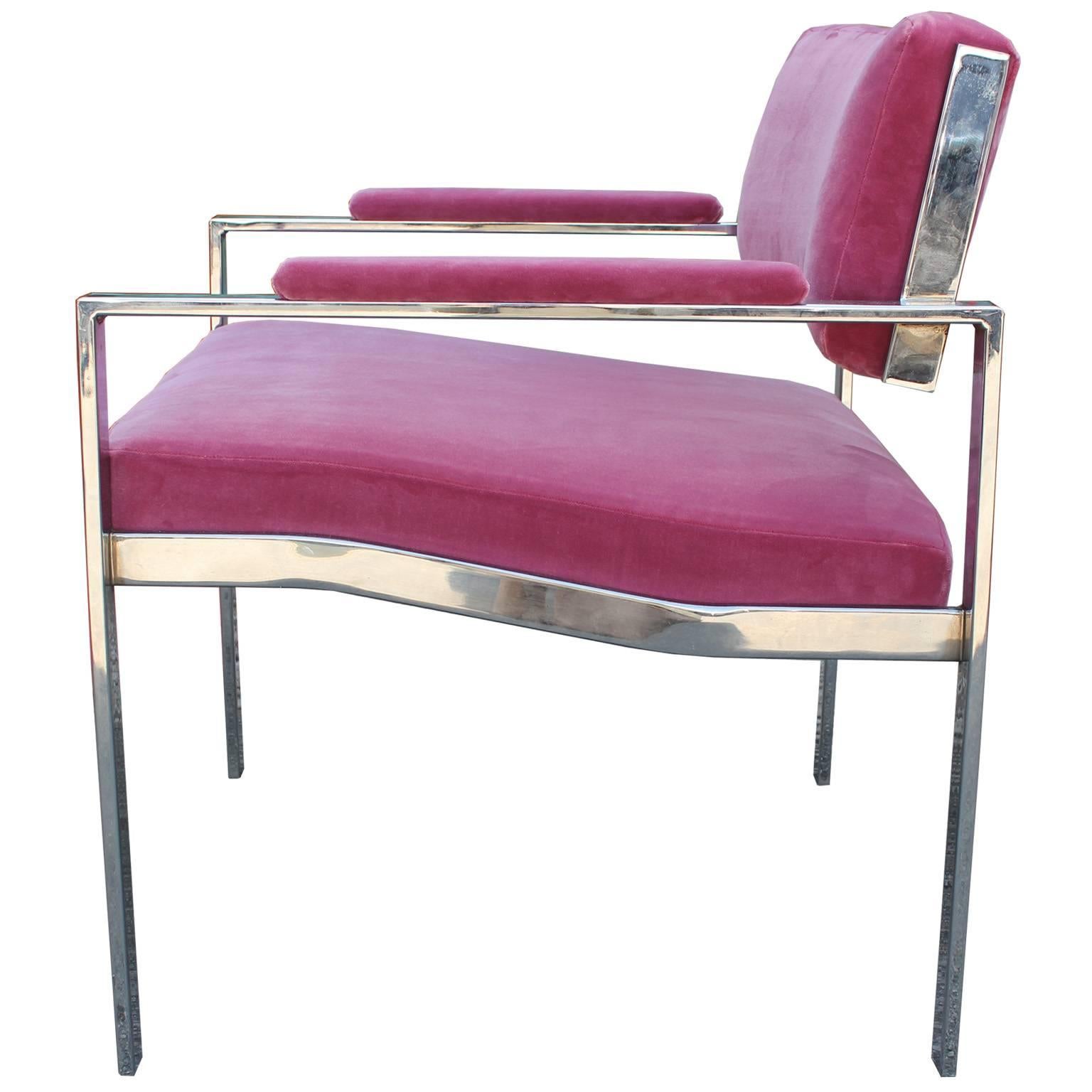 Mid-Century Modern Pair of Modern Milo Baughman Pink Velvet Chrome Lounge Chairs