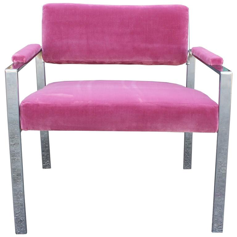 Pair of Modern Milo Baughman Pink Velvet Chrome Lounge Chairs For Sale