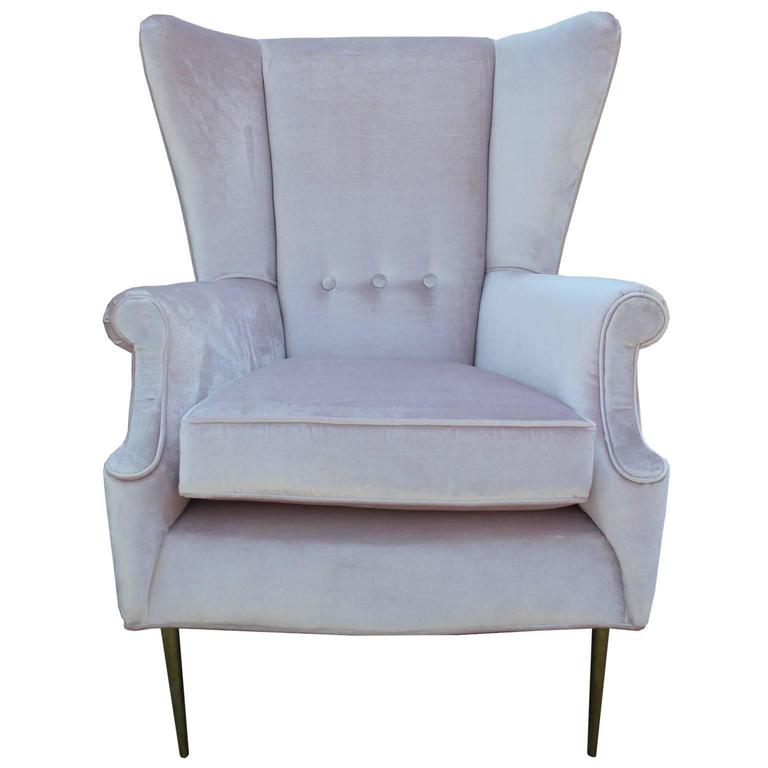 Luxe Pair of Brass Legged Modern Italian Wingback Chairs in Light Pink