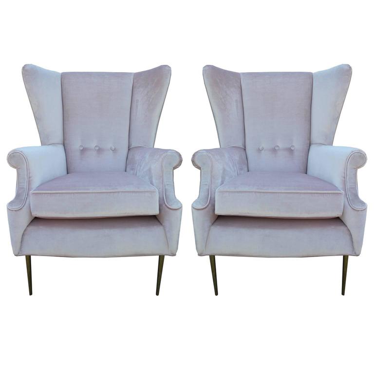 Luxe Pair of Brass Legged Modern Italian Wingback Chairs in Light Pink