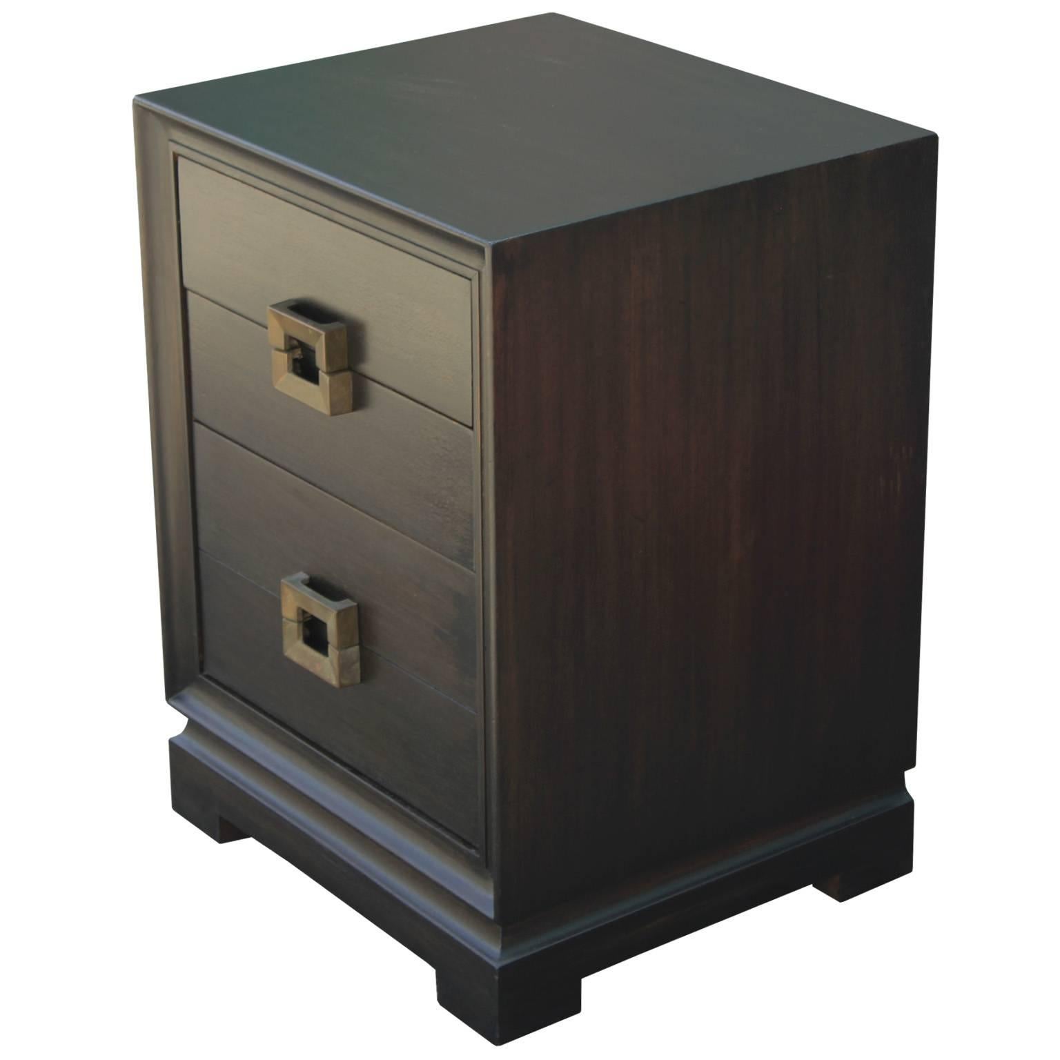 Luxe Pair of Modern Ebonized Nightstands with Brass Handles In Excellent Condition In Houston, TX
