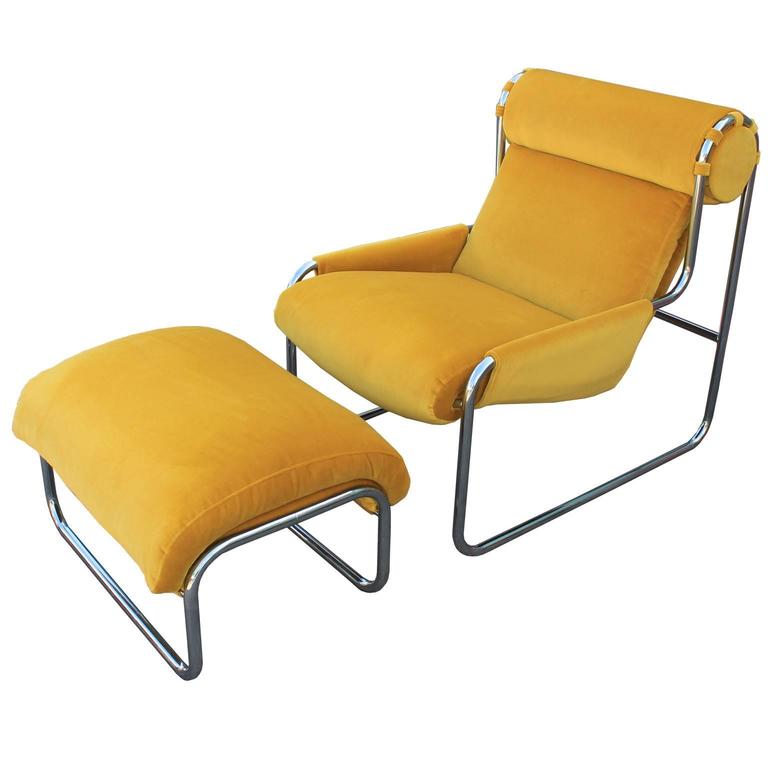 Modern Yellow Velvet and Chrome Italian Lounge Chair and Ottoman at 1stdibs