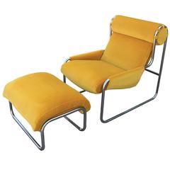Modern Yellow Velvet and Chrome Italian Lounge Chair and Ottoman