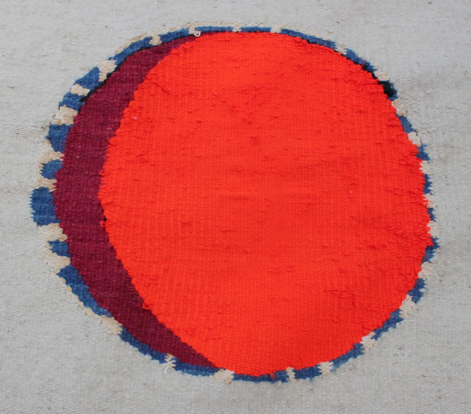 Stunning, abstract wool tapestry by Saul Borisov. Tapestry features vivid orange, brick red and blue. Perfect piece of art for a Mid-Century, Scandinavian, or modern style interior.