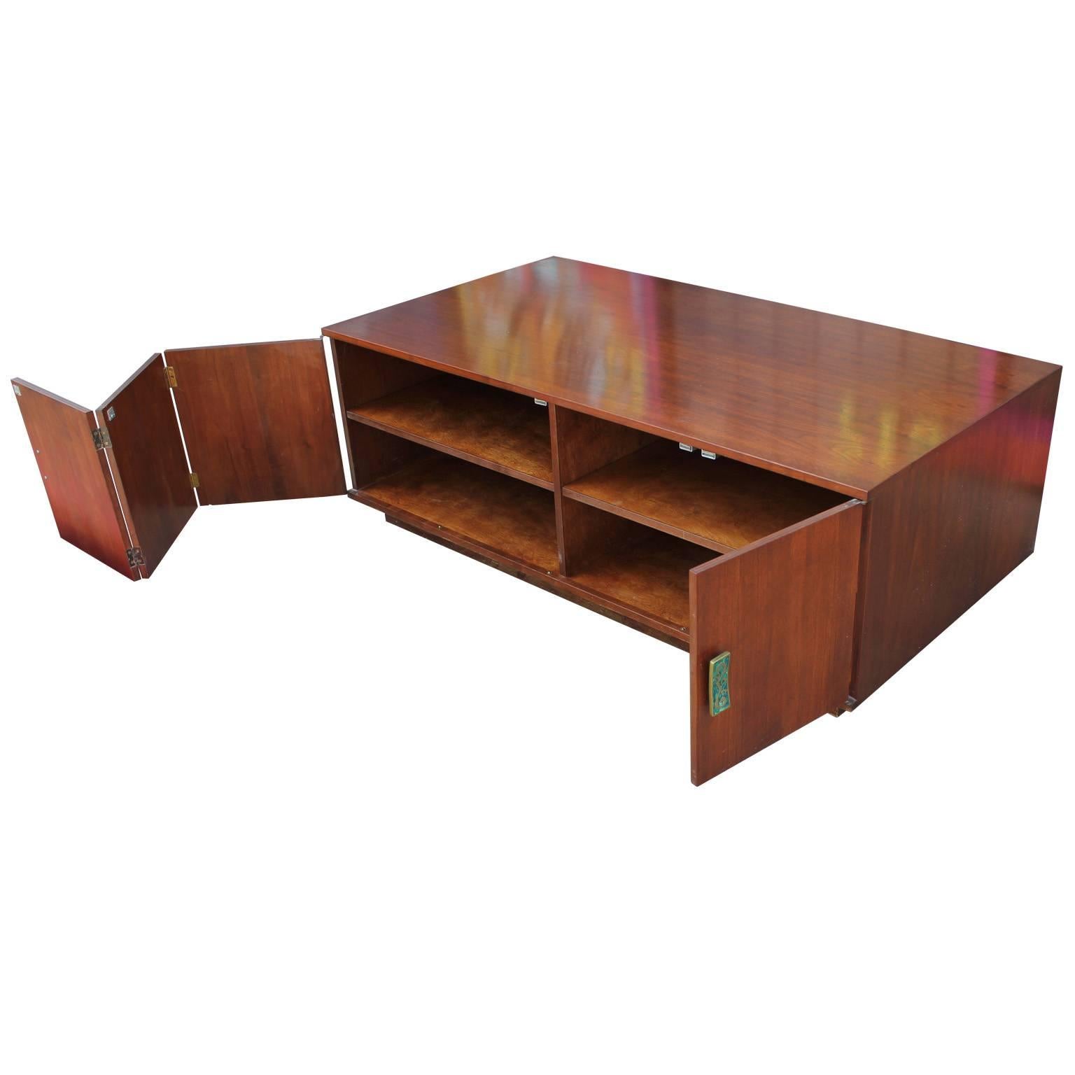Mid-Century Modern Low Frank Kyle Walnut Modern Cabinet with Teal Hardware Made by Pepe Mendoza