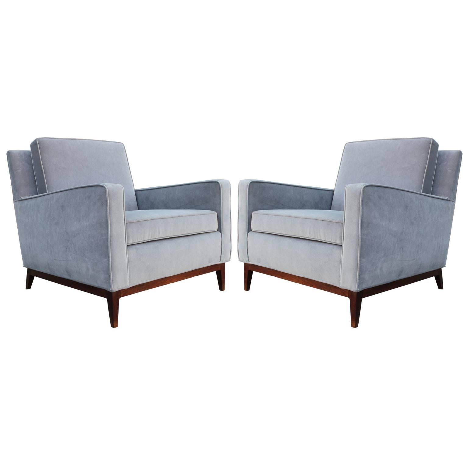 Fabulous Pair of Paul McCobb Modern Lounge Chairs in Gray Velvet and Walnut Base