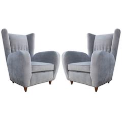Luxe Pair of Italian Wingback Modern Lounge Chairs in Grey Velvet