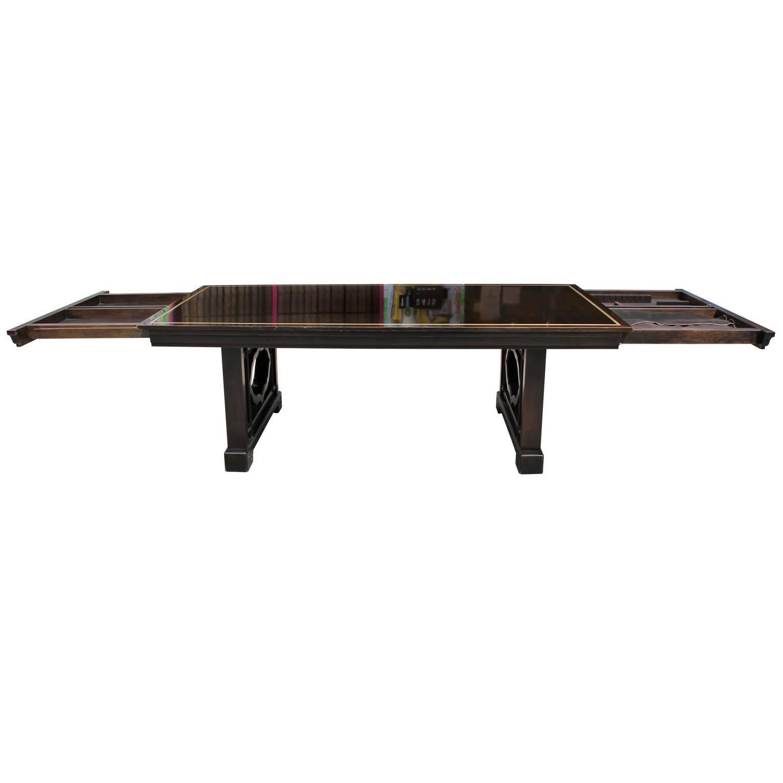 Hollywood Regency Elegant Widdicomb Modern Dining Table with Service Drawers and Brass Band Accent