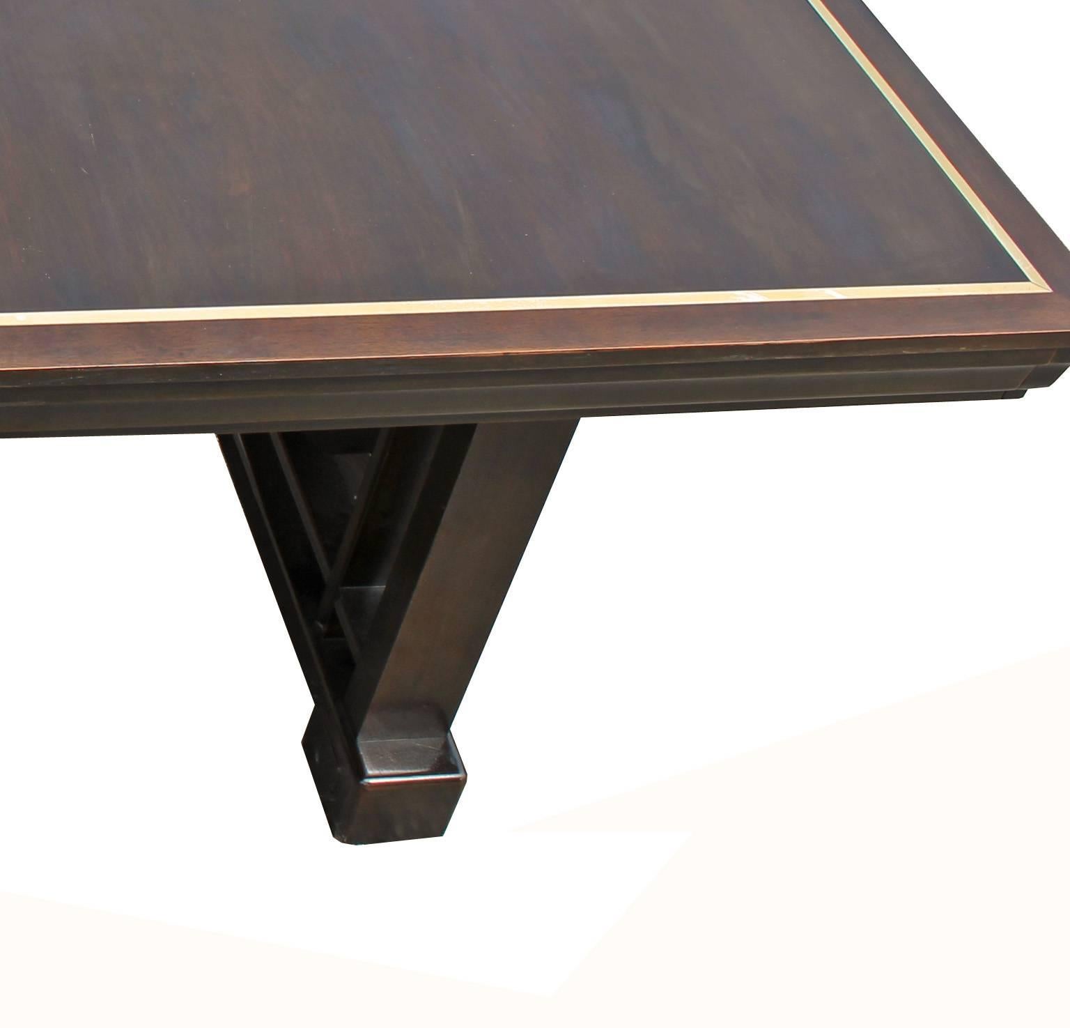 American Elegant Widdicomb Modern Dining Table with Service Drawers and Brass Band Accent