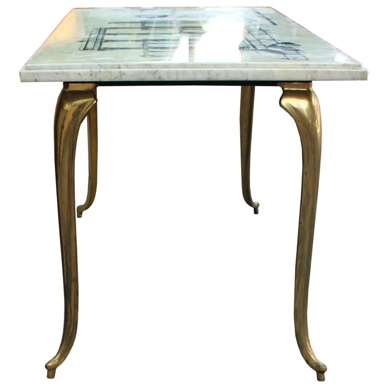 Pair of Italian Marble and Brass Modern Side Tables with Aqueduct Motif In Good Condition In Houston, TX