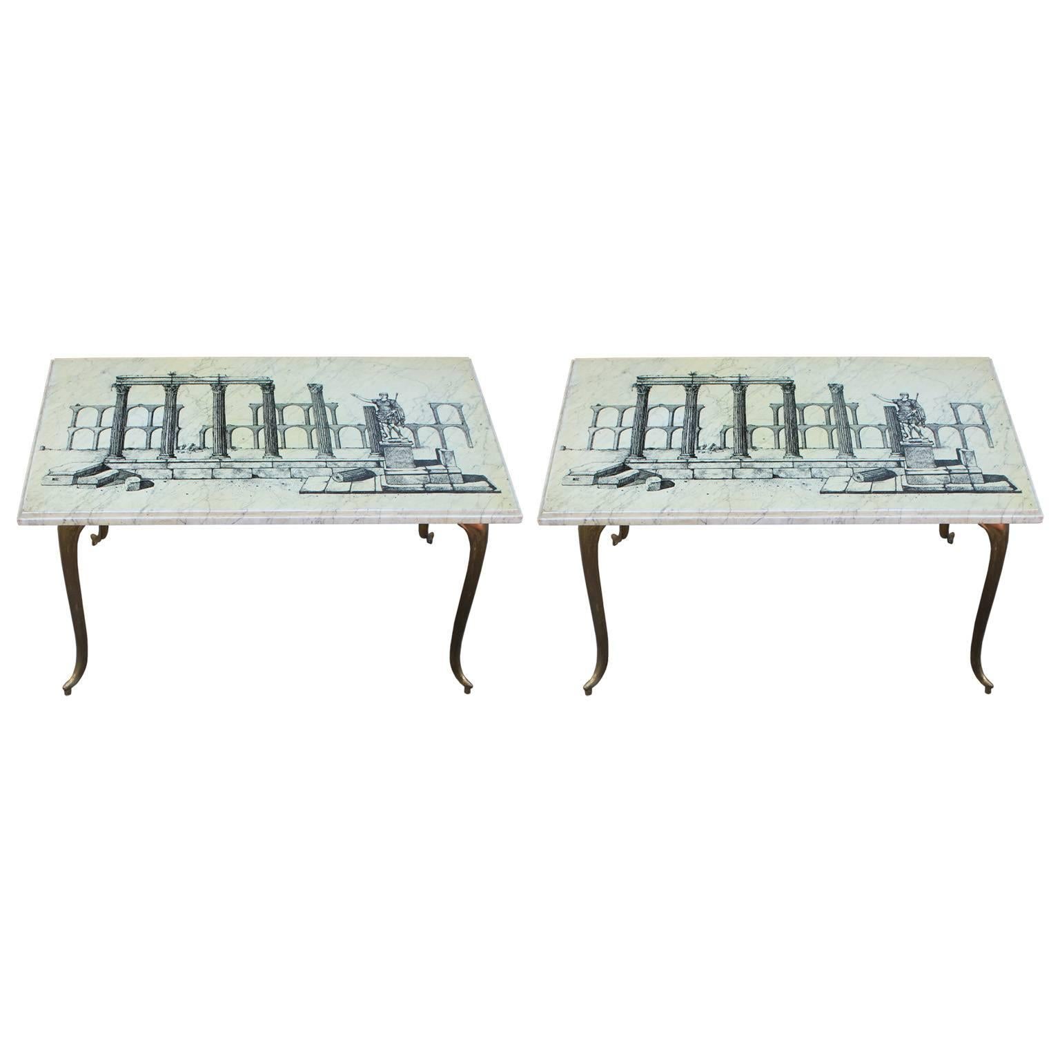 Pair of Italian Marble and Brass Modern Side Tables with Aqueduct Motif